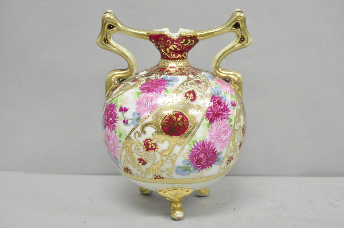 Antique Nippon Moriage Porcelain Twin Handle Ball Vase w/ Hand Painted Roses
