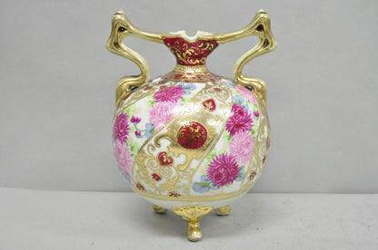 Antique Nippon Moriage Porcelain Twin Handle Ball Vase w/ Hand Painted Roses