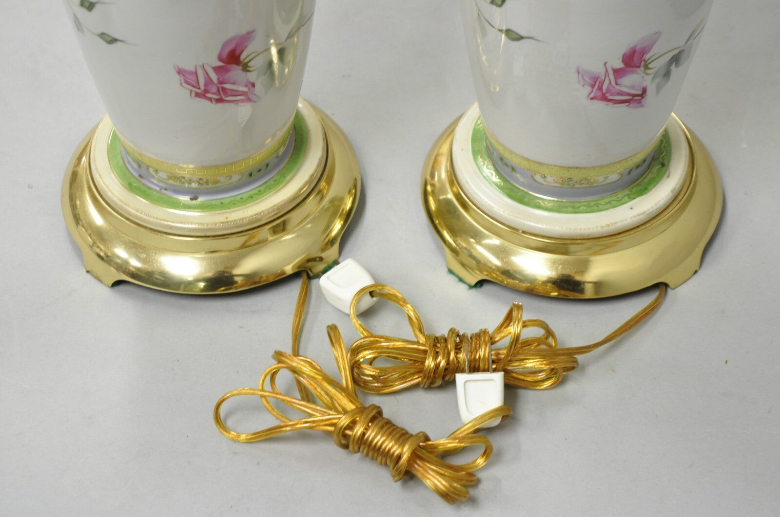 Antique French Victorian Hand Painted Porcelain Pink Rose Table Lamps - a Pair