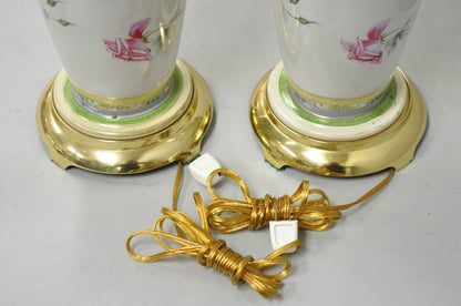 Antique French Victorian Hand Painted Porcelain Pink Rose Table Lamps - a Pair