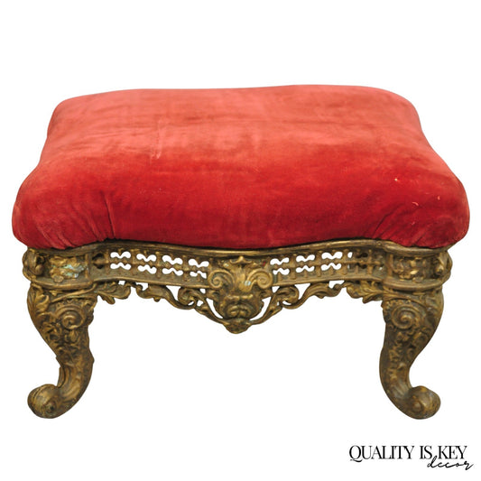 Antique Victorian Cast Iron Ornate Gold Heavy Metal Petite Footstool Ottoman