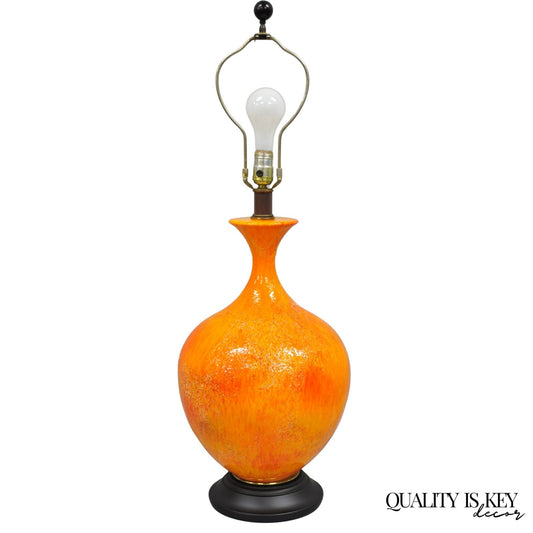 Vintage Mid Century Modern Orange Lava Glazed Bulbous Ceramic Pottery Table Lamp