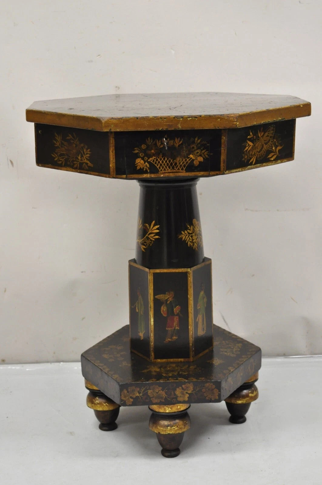 Antique Chinoiserie Hand Painted Pedestal Base Oriental Sewing Stand Side Table