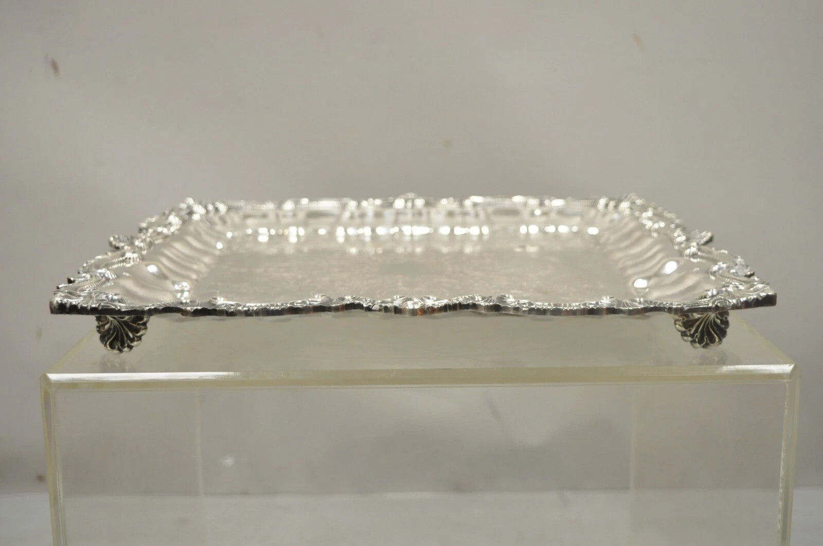 Vintage Chippendale by Wallace Silver Plated 16" Square Bar Platter Tray on Feet