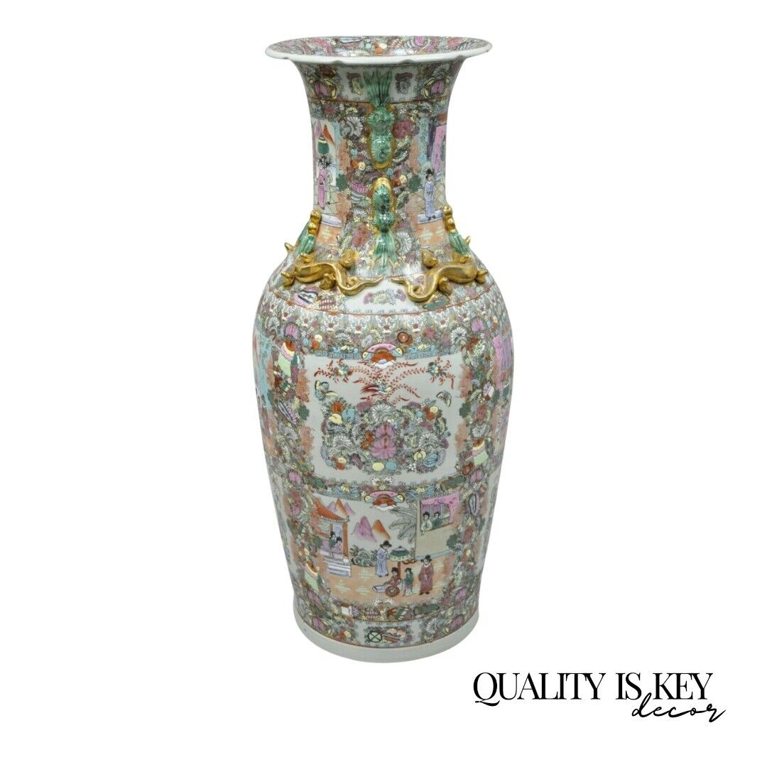 Vintage Rose Medallion Large 44" Tall Chinese Export Porcelain Palace Urn Vase