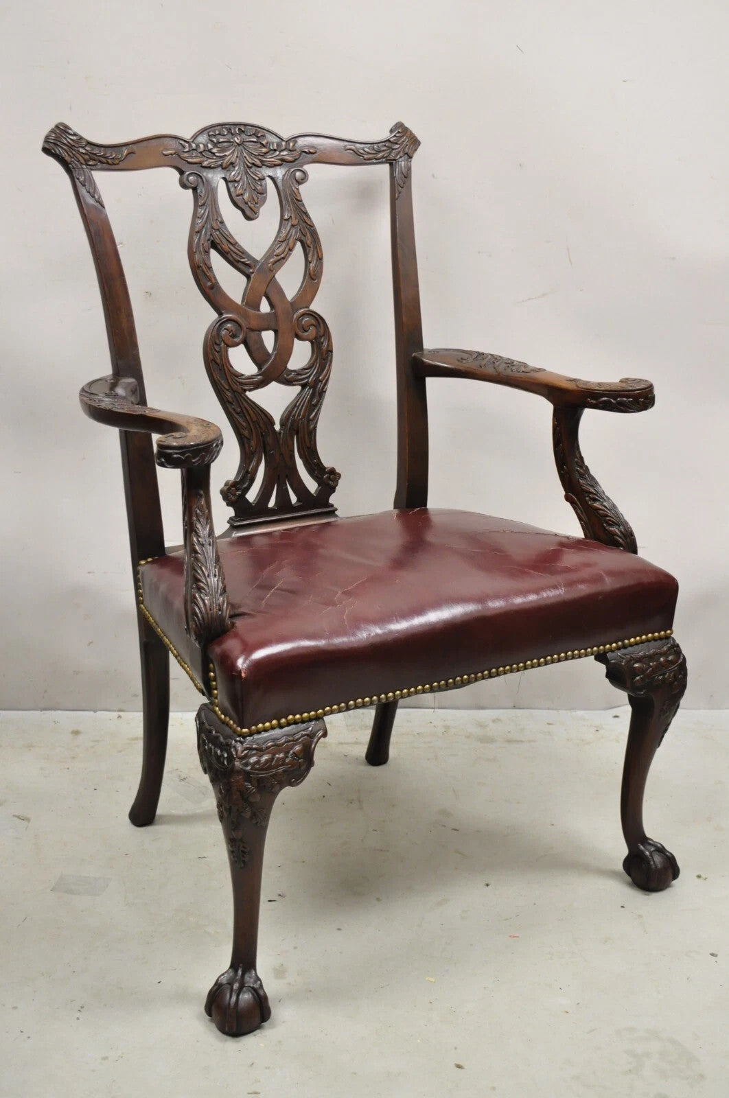 Antique Chippendale Georgian Carved Mahogany Ball and Claw Leather Arm Chair