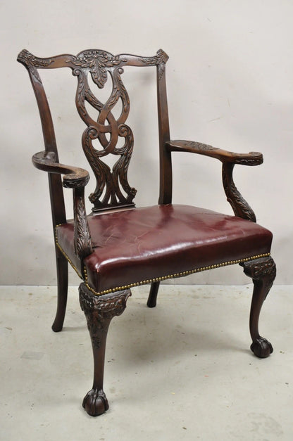 Antique Chippendale Georgian Carved Mahogany Ball and Claw Leather Arm Chair