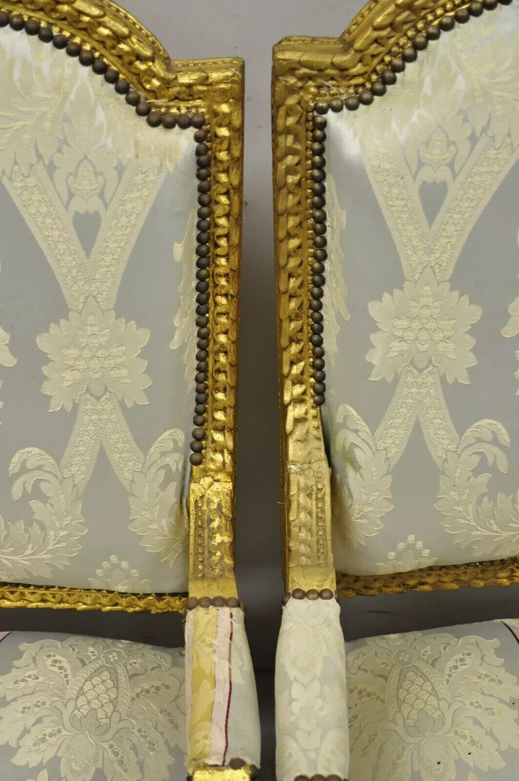 Vintage French Louis XVI Gold Giltwood Upholstered Lounge Chairs (B) - a Pair