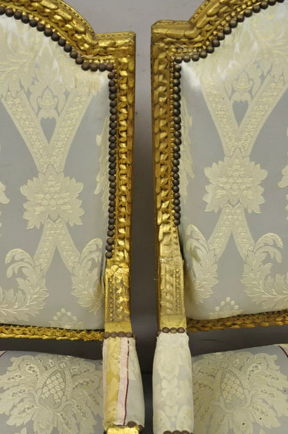 Vintage French Louis XVI Gold Giltwood Upholstered Lounge Chairs (B) - a Pair