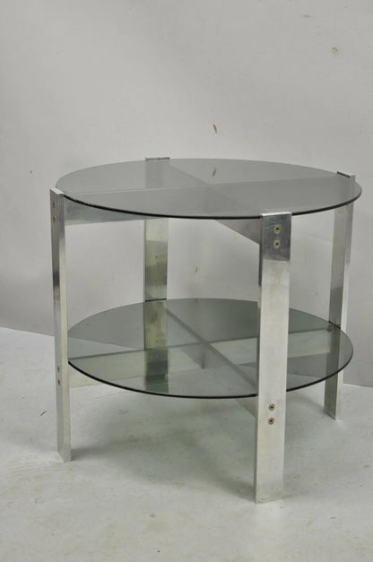 Vintage Mid Century Modern Round Smoked Glass 2 Tier Aluminum Base Side Table
