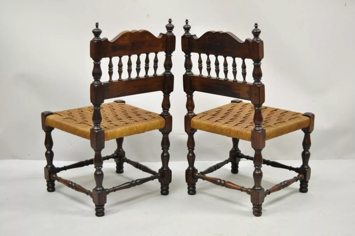 Antique Henry II Walnut Rush Seat Small Children's Child Side Chairs - a Pair