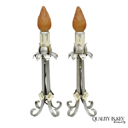 Antique Art Nouveau Wrought Iron Silver Painted Petite Boudoir Table Lamps, Pair