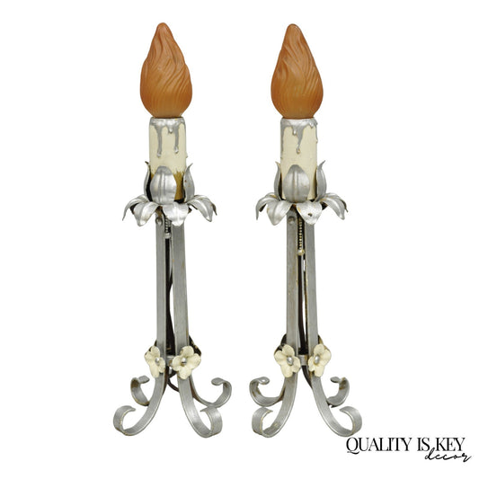 Antique Art Nouveau Wrought Iron Silver Painted Petite Boudoir Table Lamps, Pair