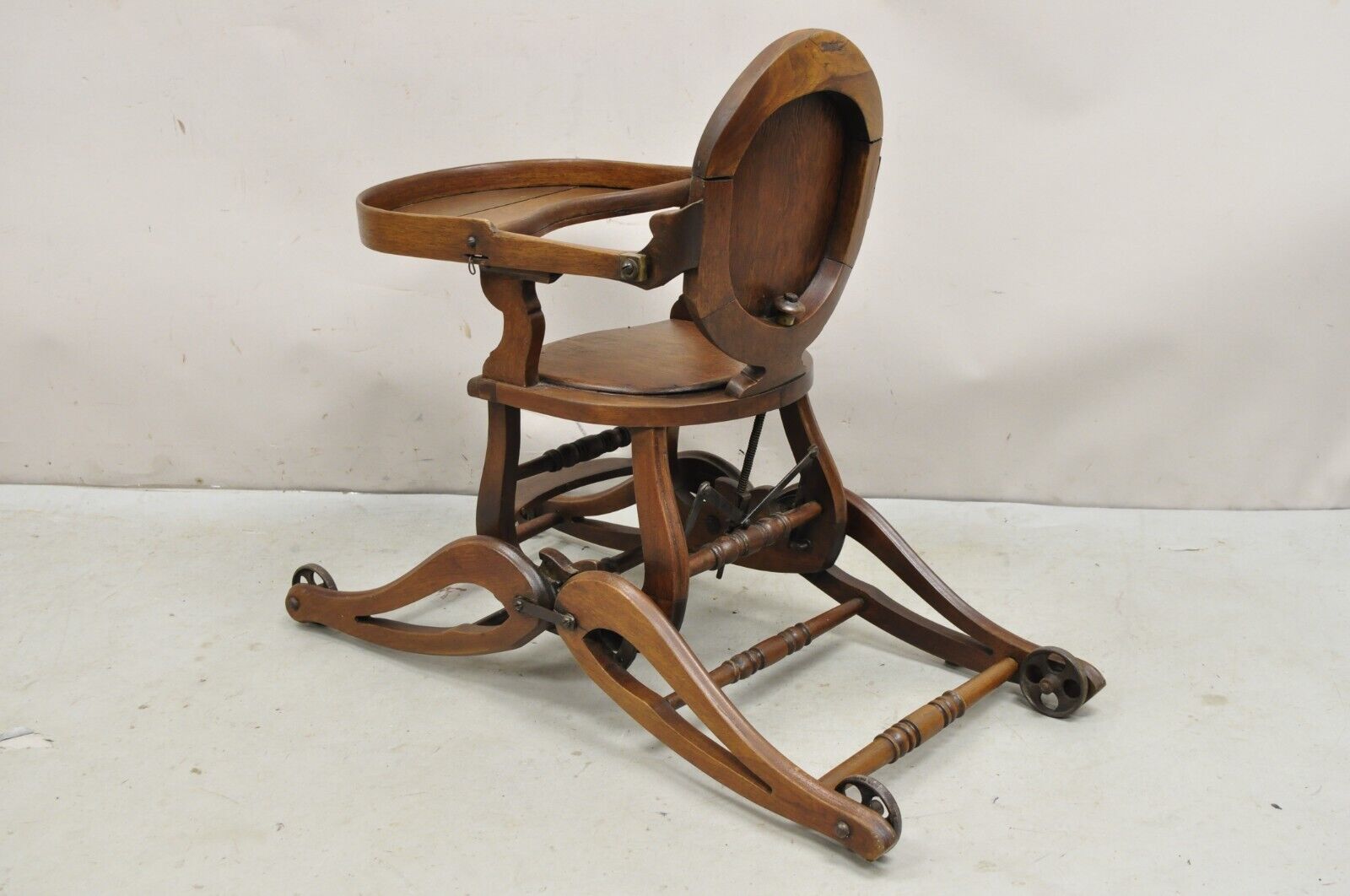 Antique Victorian Walnut Wood Convertible Combination Baby High Chair Stroller