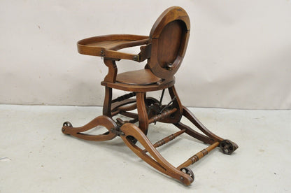 Antique Victorian Walnut Wood Convertible Combination Baby High Chair Stroller