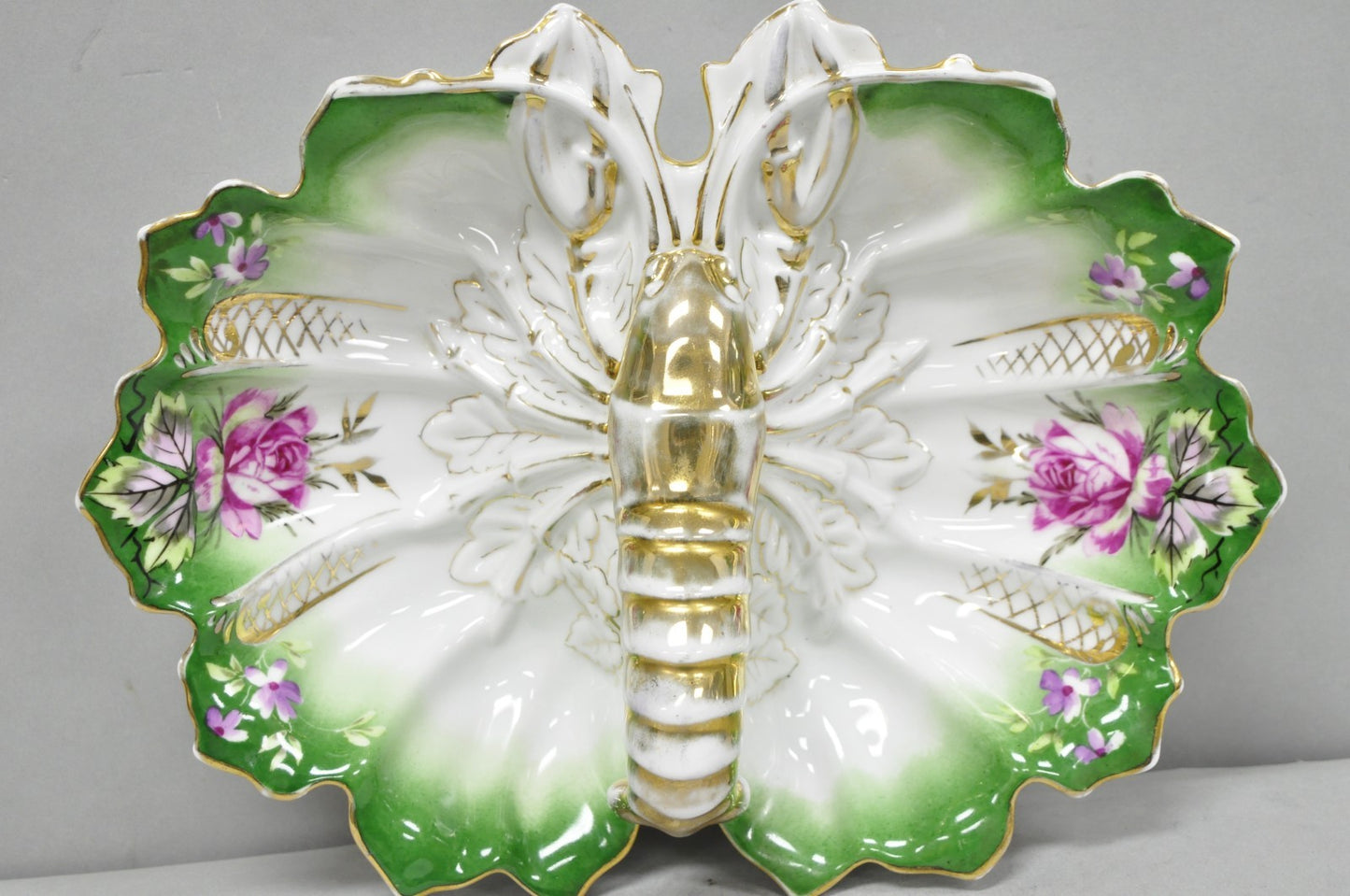 Antique Bavarian German Porcelain Gold Gilded Hand Painted Lobster Divided Dish