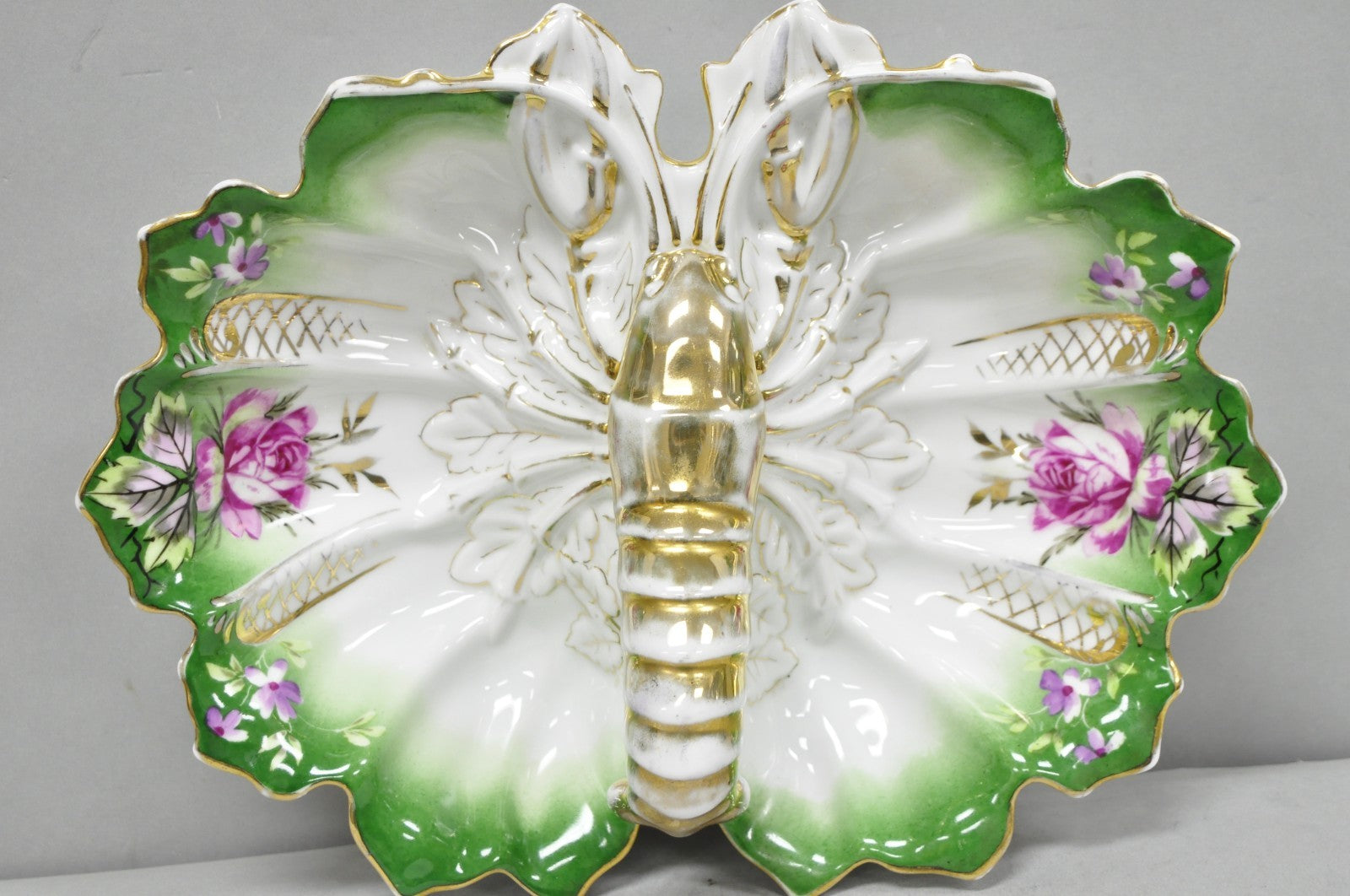 Antique Bavarian German Porcelain Gold Gilded Hand Painted Lobster Divided Dish