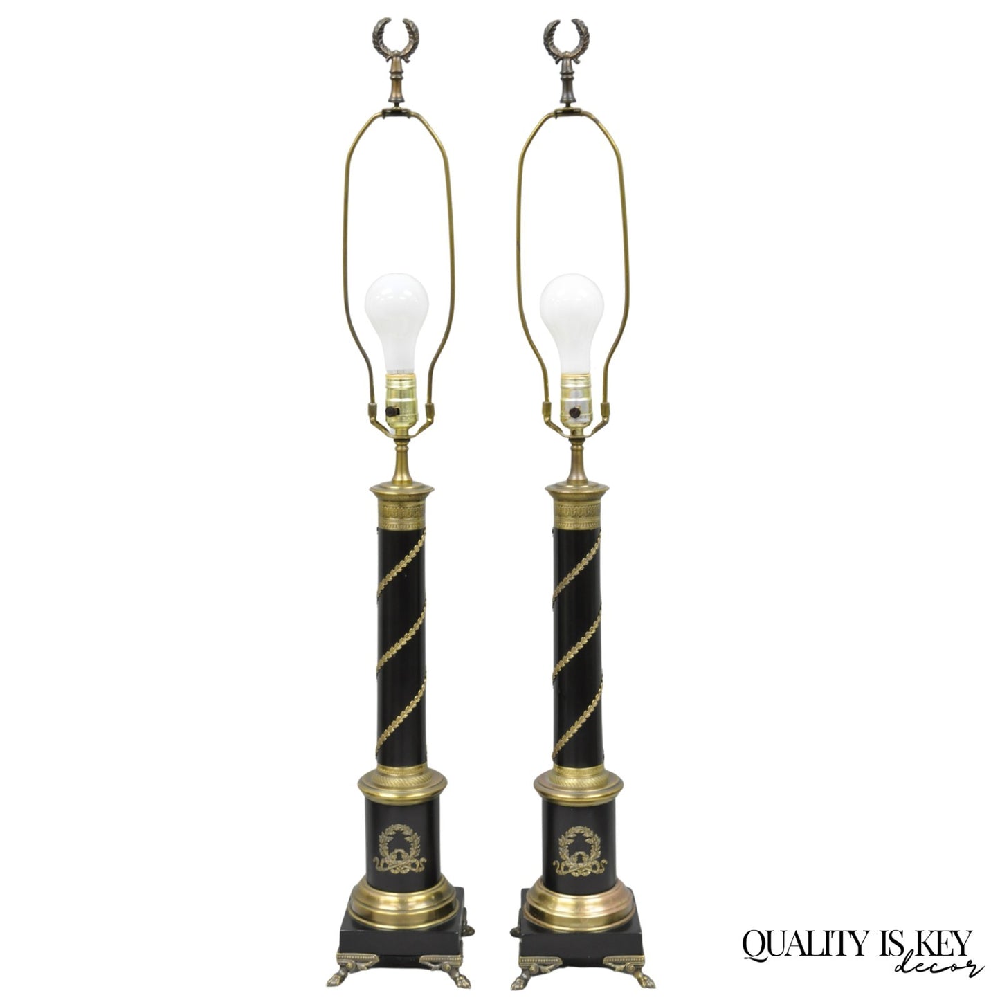 Vintage French Empire Style Black Column Brass Ormolu Bouillotte Table Lamp Pair