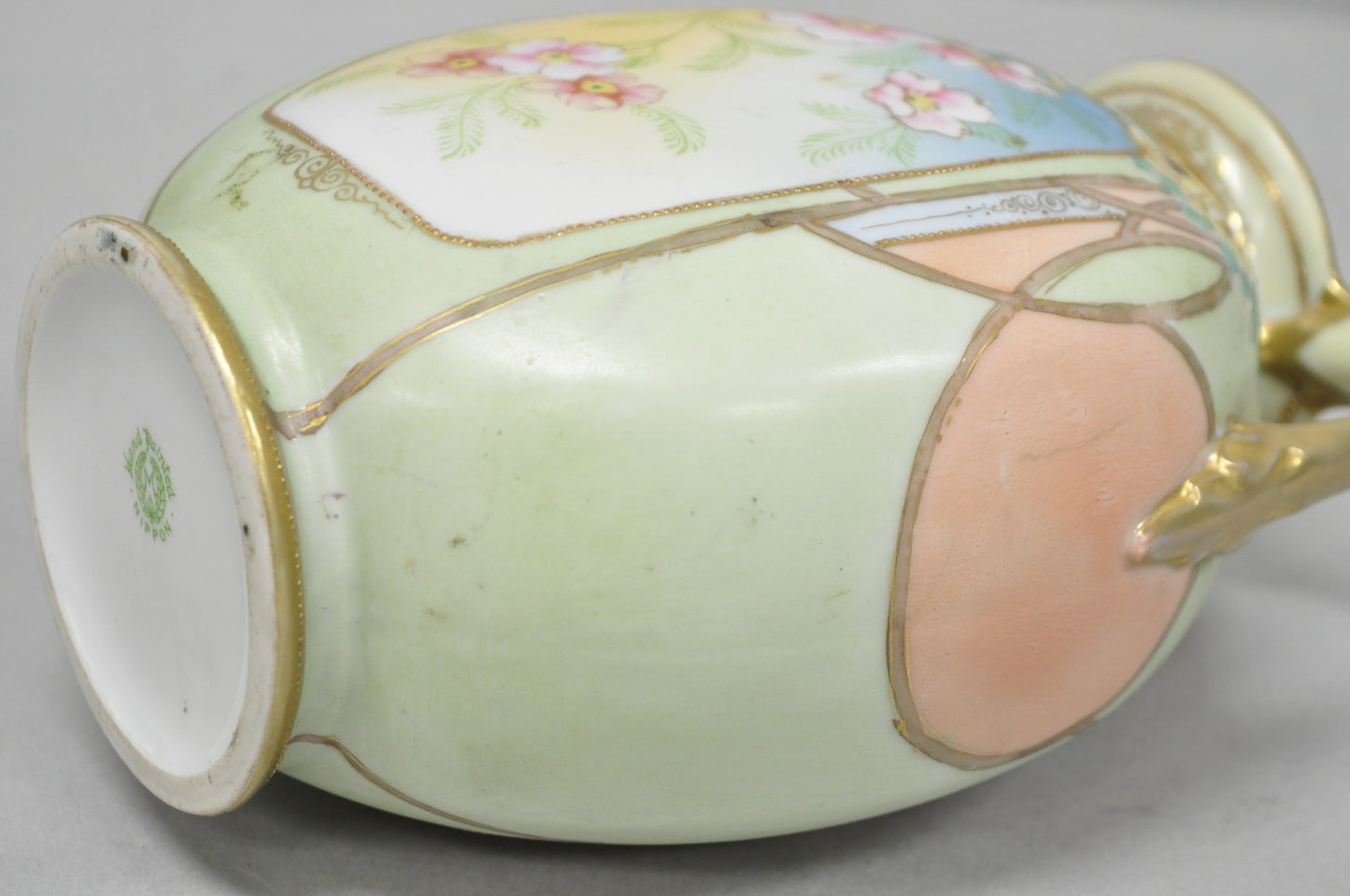 Antique Nippon Art Nouveau Hand Painted Porcelain Pink Flower Twin Handle Vase