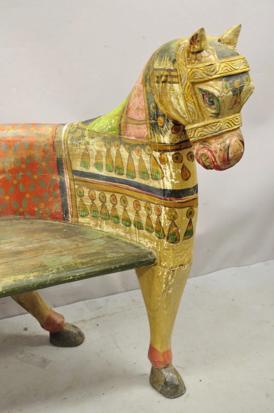 Vintage Figural Primitive Solid Carved Wood Red & Green Horse Bench Seat Chair