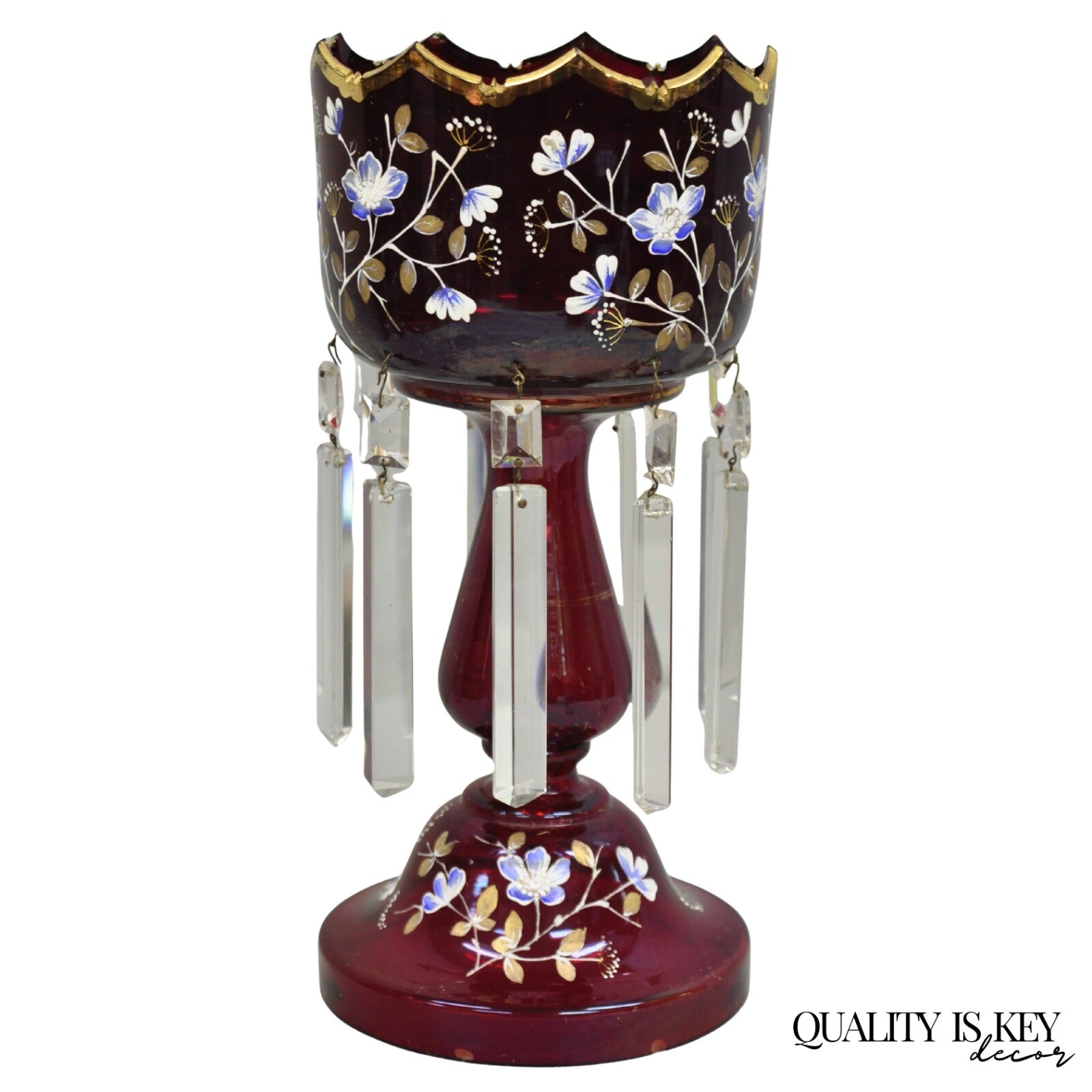 Antique Victorian Cranberry Glass Hand Painted Mantel Lustre Vase with Crystals