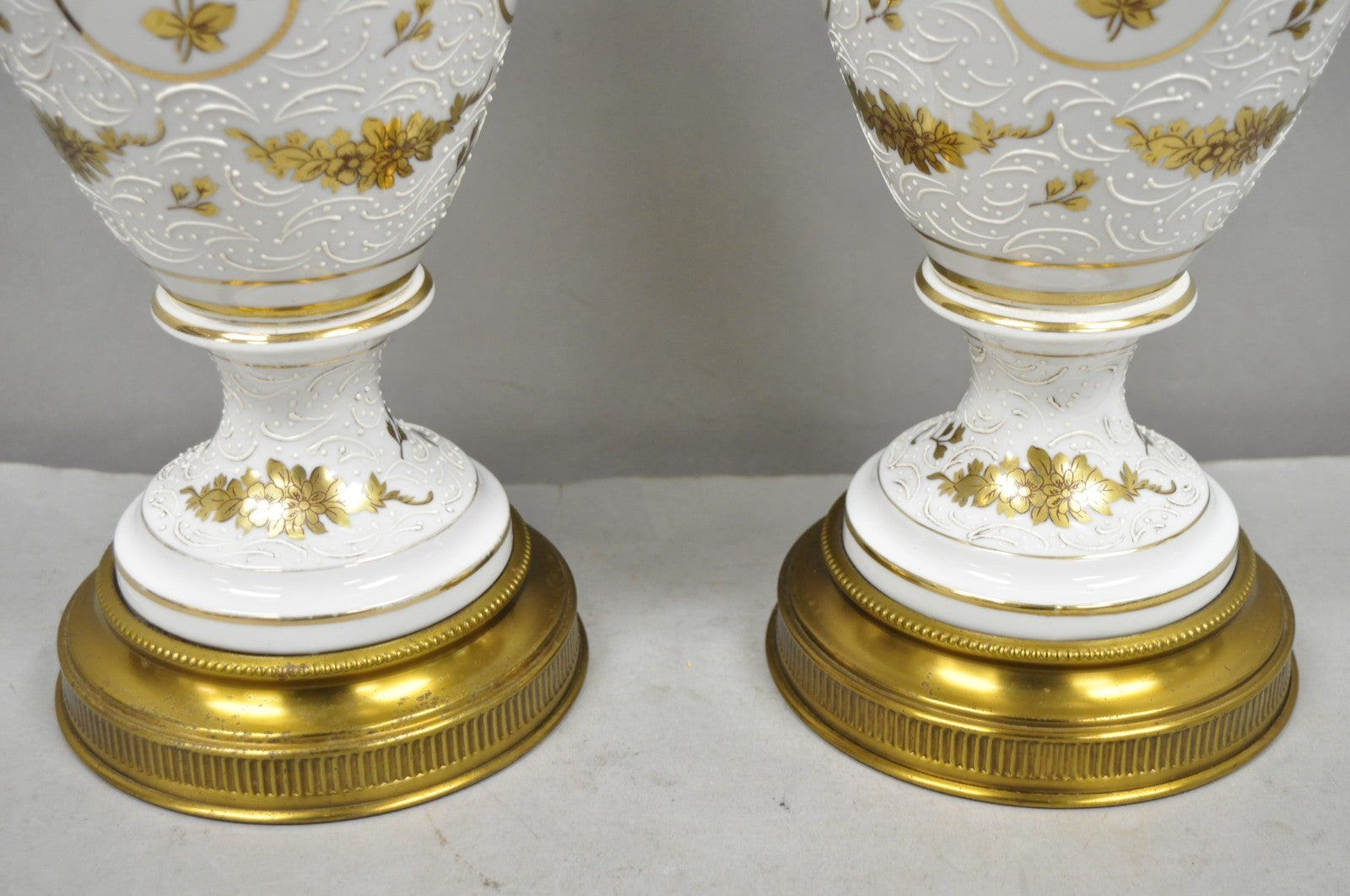 Vintage French Louis XV White Porcelain Ginger Jar Gold Flower Table Lamps Pair