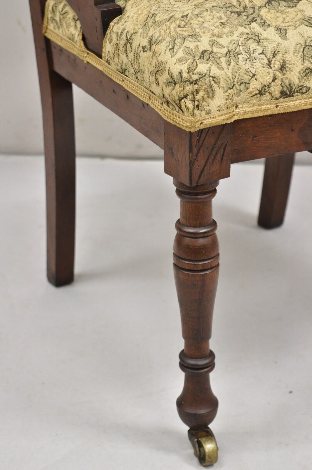 Antique Eastlake Victorian Carved Walnut Parlor Side Chair with Floral Tapestry