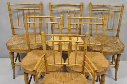 Antique English Regency Faux Bamboo Rush Seat Wooden Dining Chairs - Set of 6