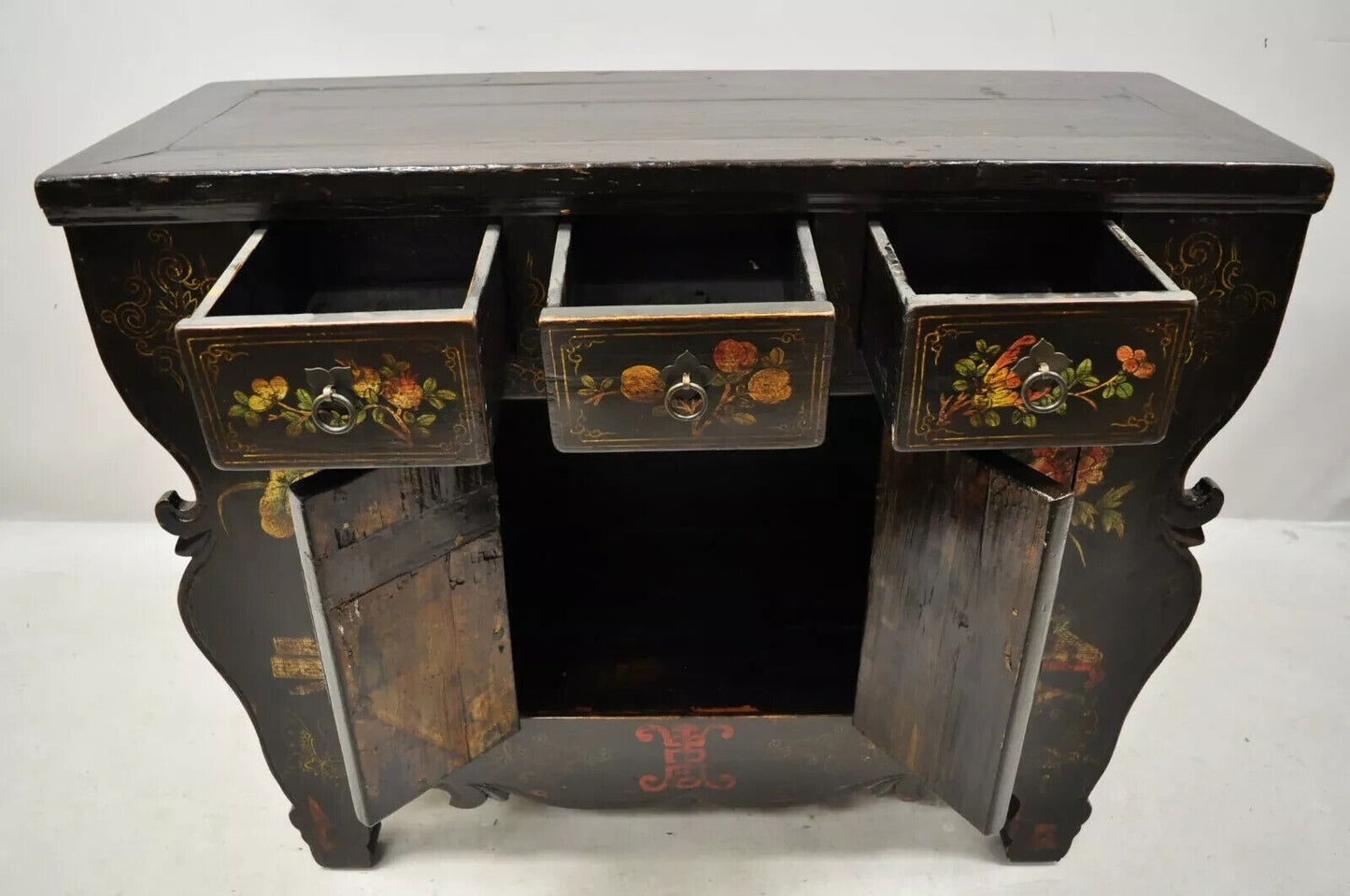 Korean Black Hand Painted Altar Style Sideboard Cabinet Console Table Credenza