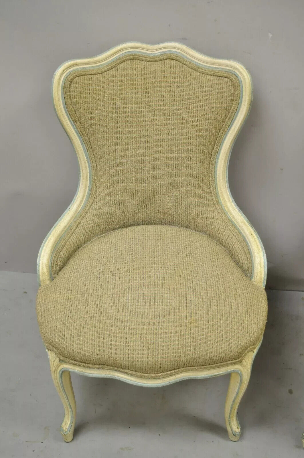 Vintage French Provincial Louis XV Cream Blue Boudoir Slipper Chairs - a Pair