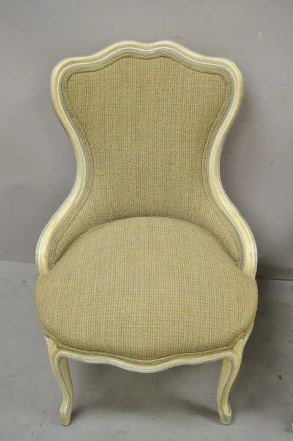 Vintage French Provincial Louis XV Cream Blue Boudoir Slipper Chairs - a Pair