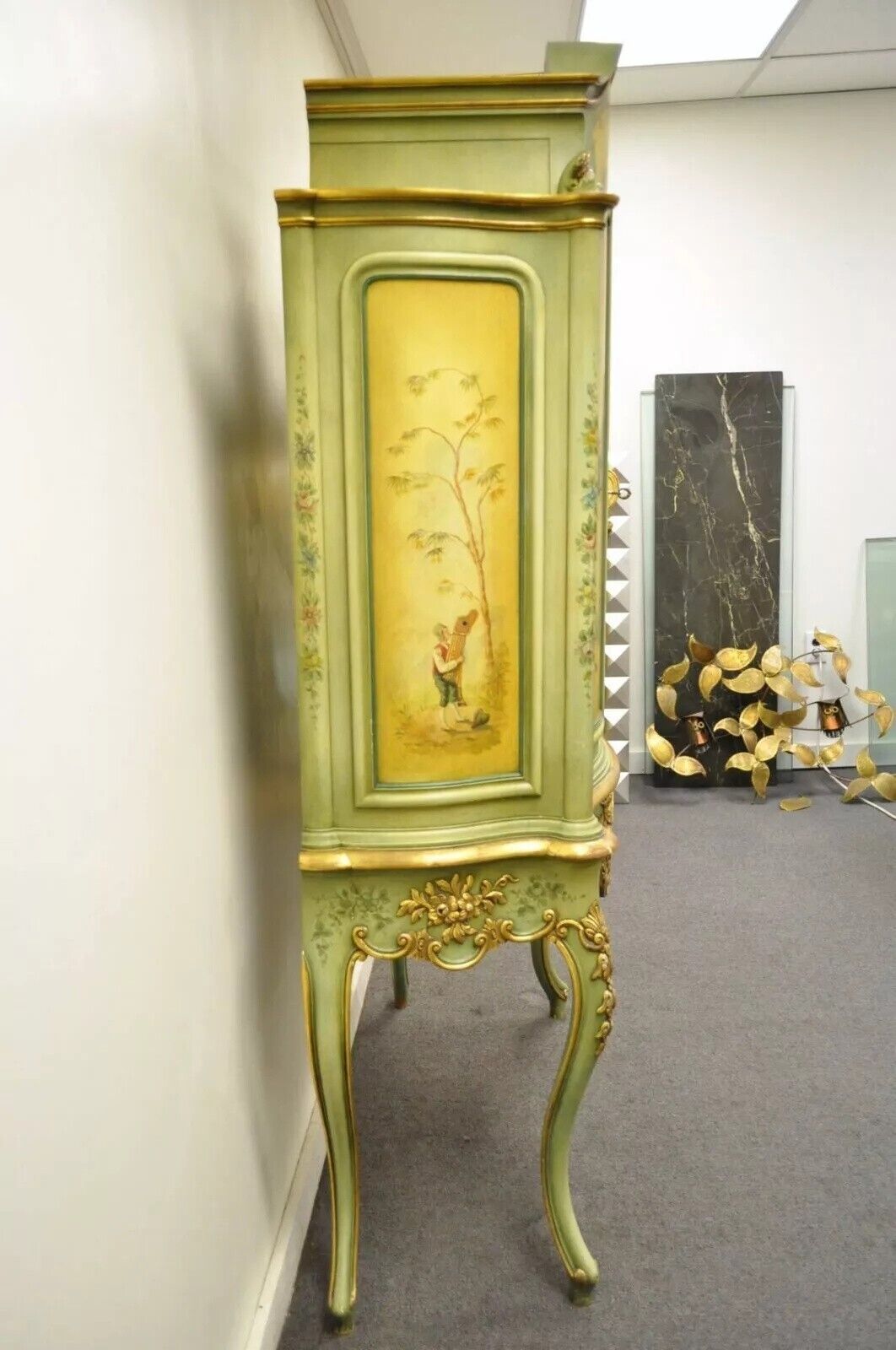 Antique French Louis XV Italian Rococo Style Hand Painted Green Cupboard Cabinet