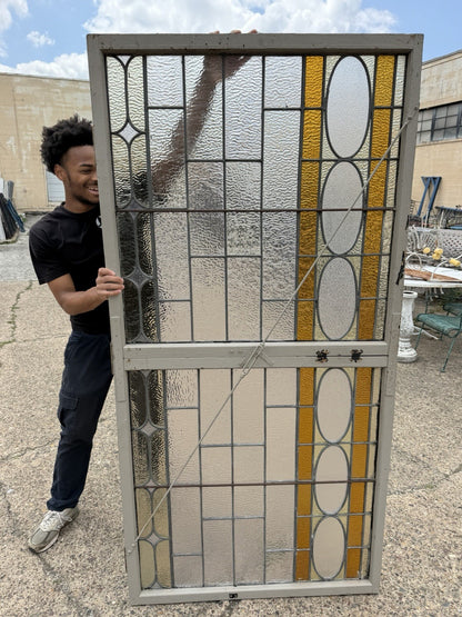 Antique Victorian Amber Stained Leaded Glass Double Window Converted to Door