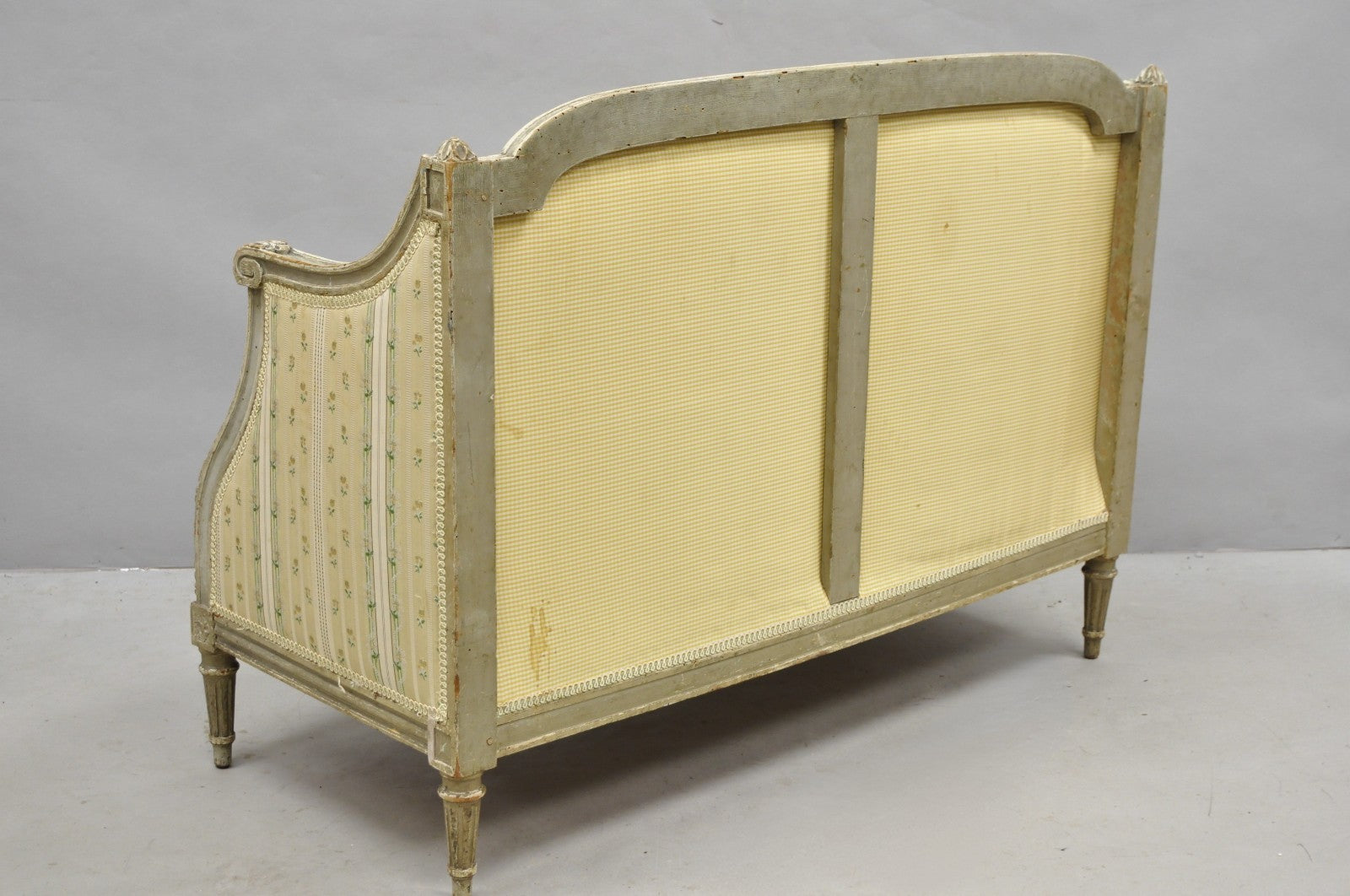 Antique French Louis XVI Style Cream Distress Painted Petite Canape Settee Sofa