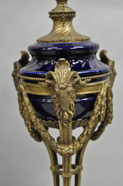 French Empire Neoclassical Bronze Ram Head Cobalt Blue Porcelain Table Lamp Pair