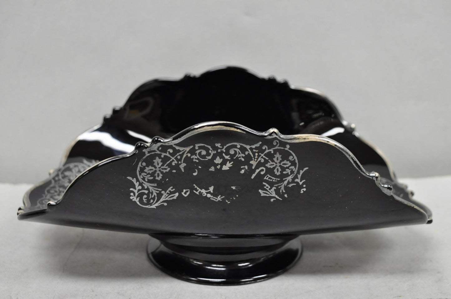 Vintage Rockwell Black Amethyst Glass Sterling Silver Overlay Centerpiece Dish