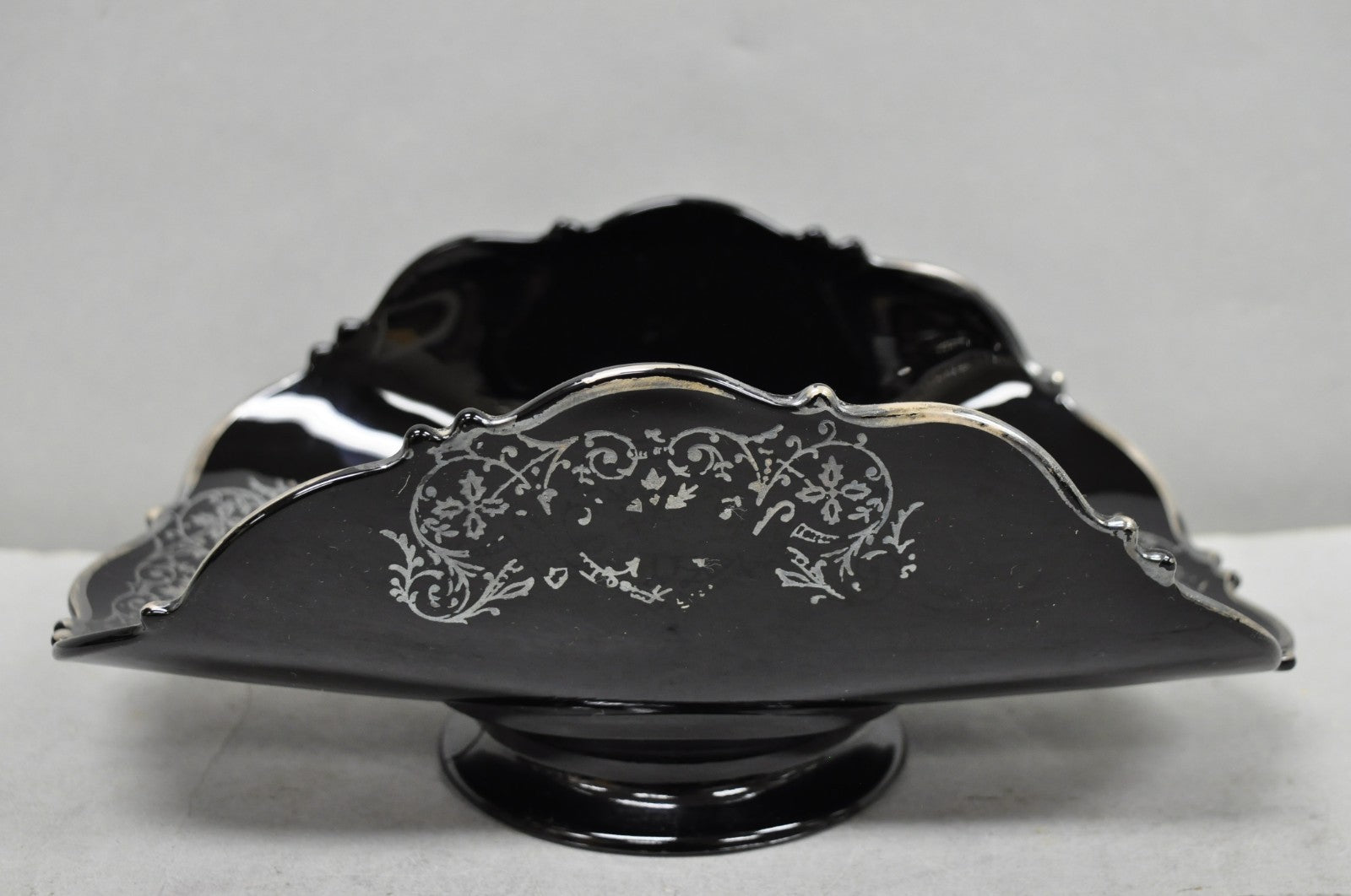 Vintage Rockwell Black Amethyst Glass Sterling Silver Overlay Centerpiece Dish