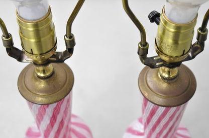 Vintage Italian Latticino Murano Pink Ribbon Swirl Glass Small Table Lamp - Pair