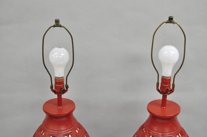 Mid Century Modern Space Age Red Ceramic "Beehive" Large Table Lamps - a Pair