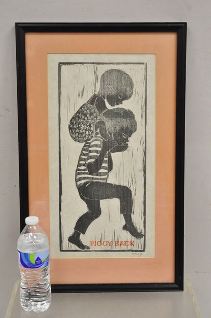 Vintage Helen Siegl "Piggy Back" 1950s Woodcut Print Framed Mid Century Art