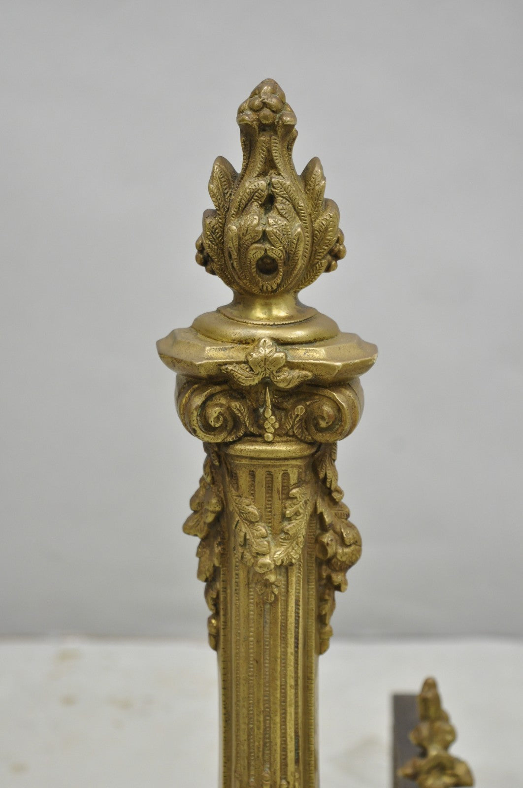 Antique French Empire Style Bronze Corinthian Column Fireplace Andirons - a Pair