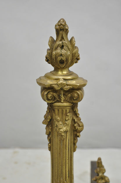 Antique French Empire Style Bronze Corinthian Column Fireplace Andirons - a Pair