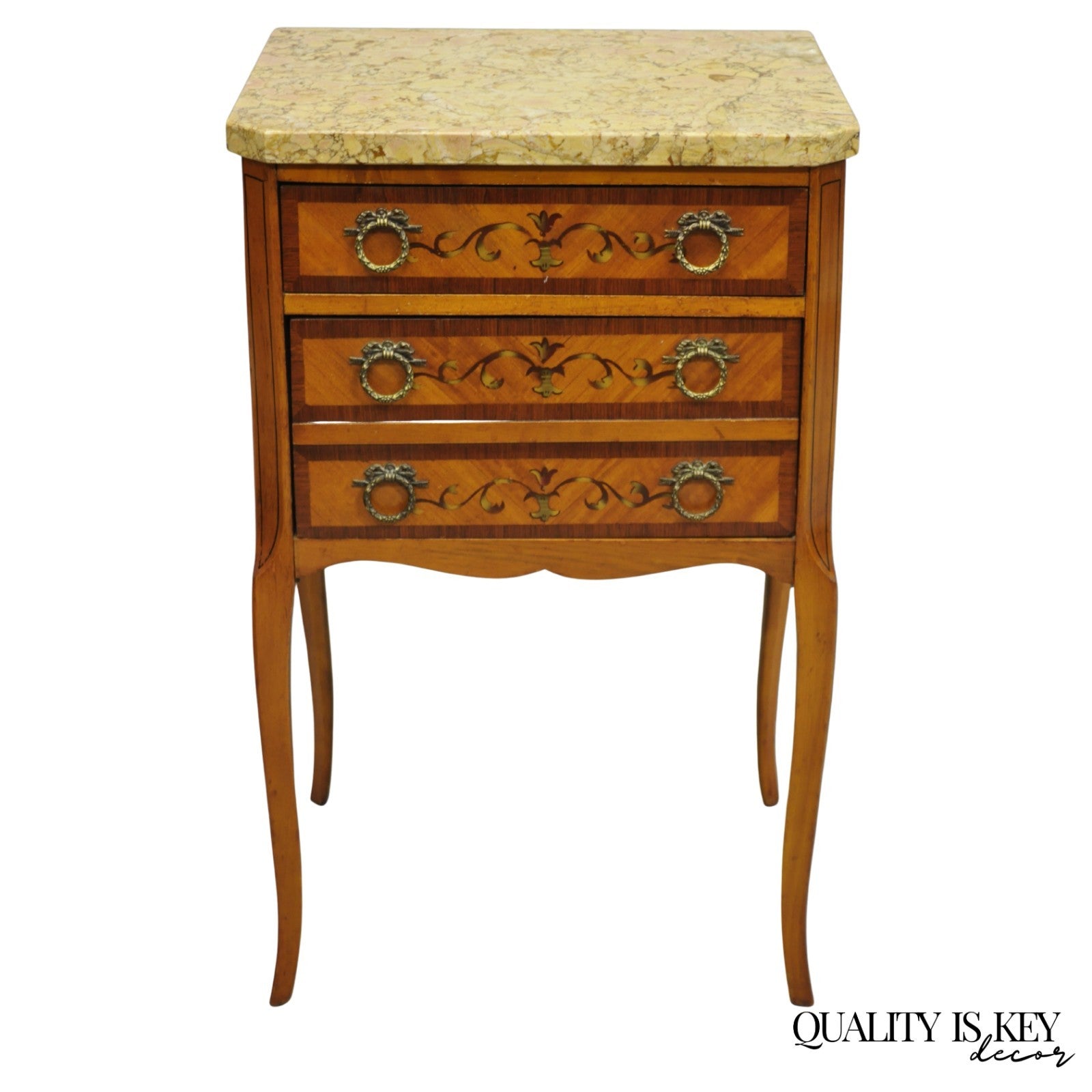 Antique French Louis XV Satinwood Marble Top Painted Nightstand Bedside Table