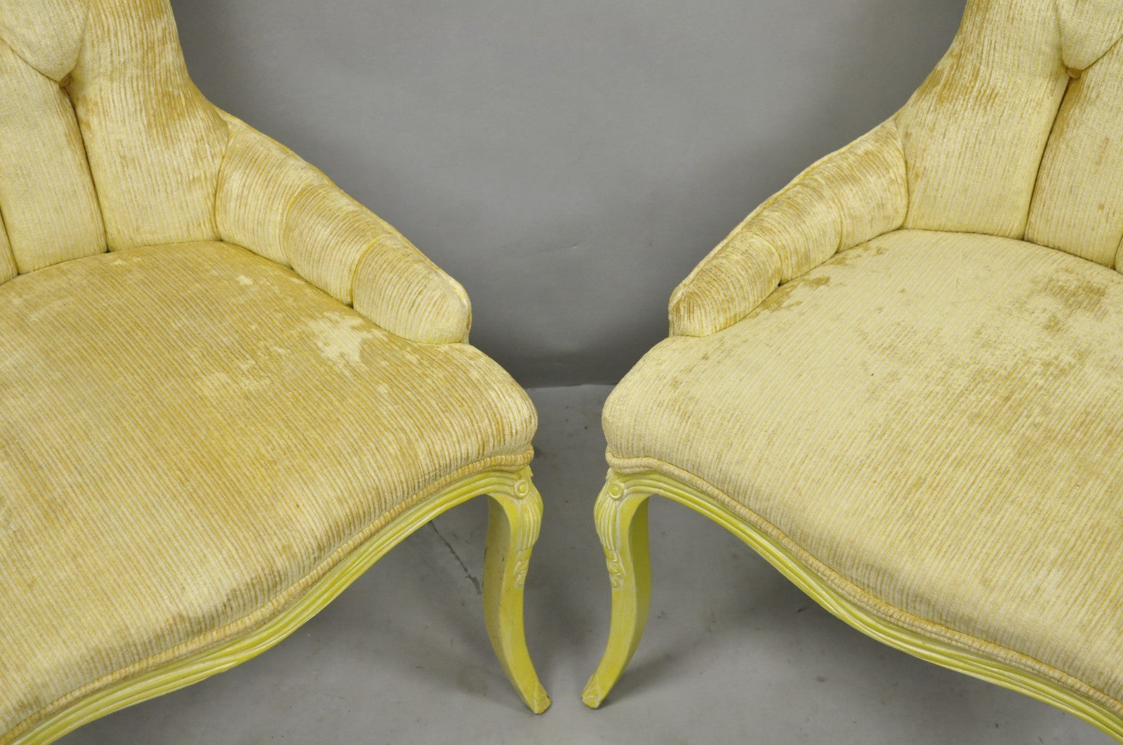 Vintage French Hollywood Regency Yellow Tufted Drape Carved Side Chairs - a Pair