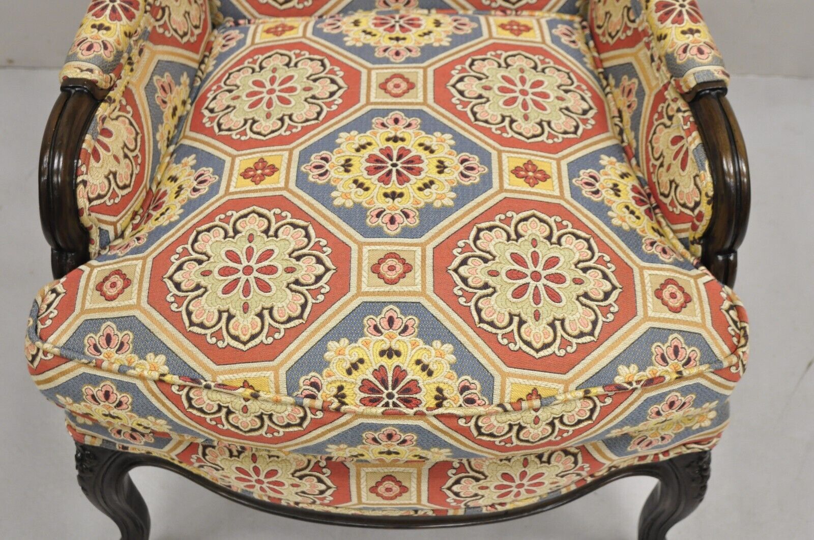 French Country Provincial Style Carved Walnut High Back Blue & Red Lounge Chair