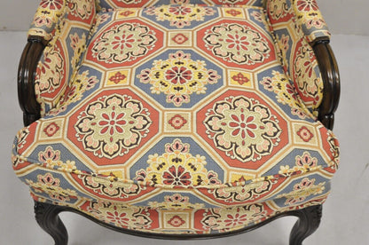 French Country Provincial Style Carved Walnut High Back Blue & Red Lounge Chair