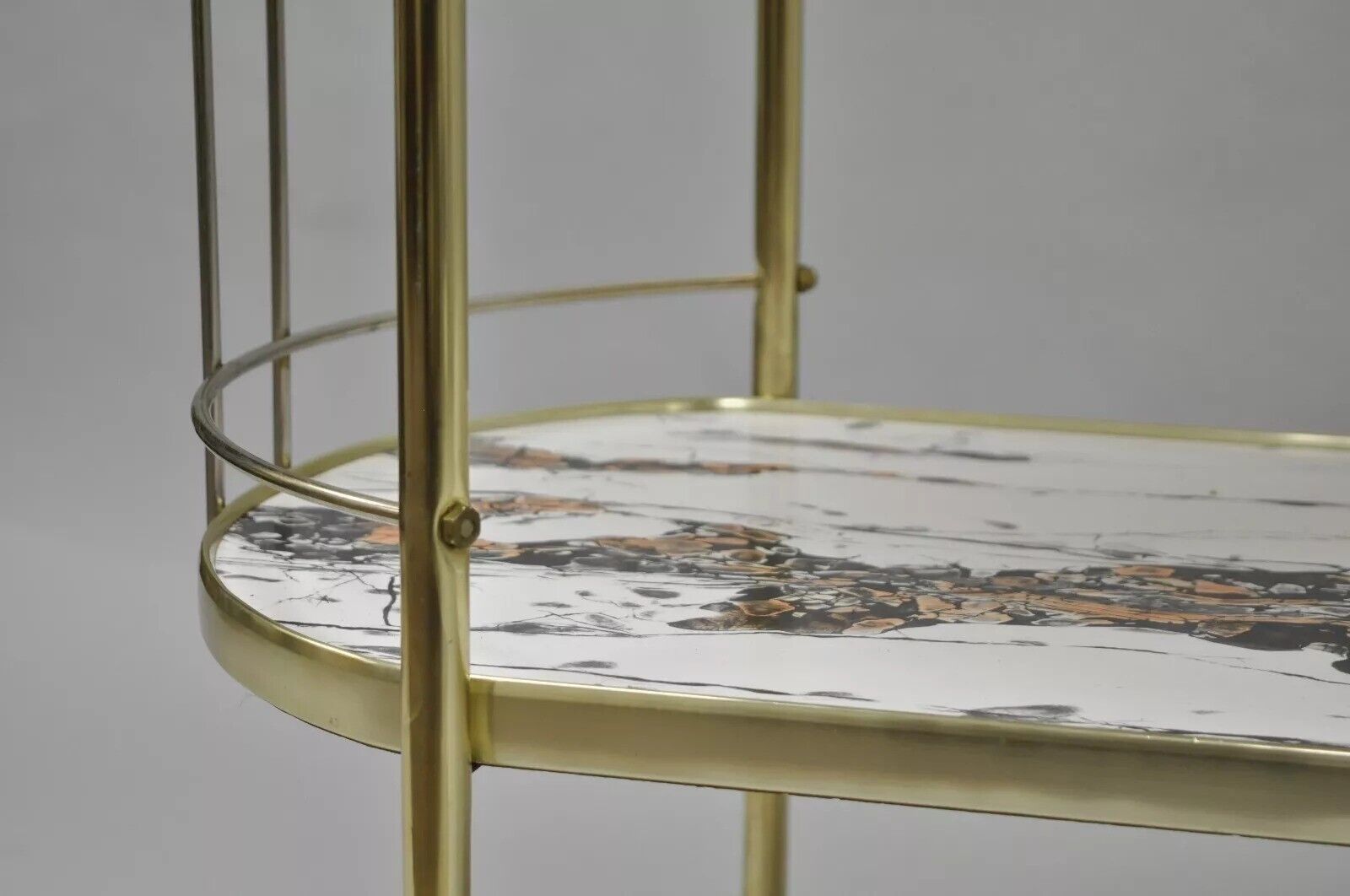 Vintage Mid Century Modern Brass Rolling Bar Tea Cart Laminate Faux Marble