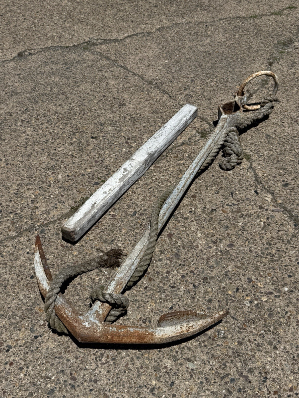 Antique English Victorian Maritime Cast Iron Large Boat Ship's Anchor and Rope