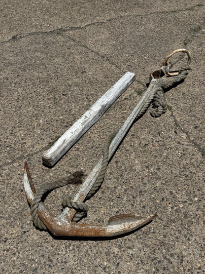 Antique English Victorian Maritime Cast Iron Large Boat Ship's Anchor and Rope