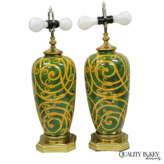 Hollywood Regency Green & Gold Scroll Painted Ceramic Table Lamps - a Pair